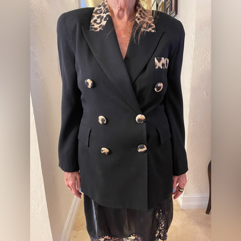 Carmel Double Breasted black Blazer with Leopard Accent